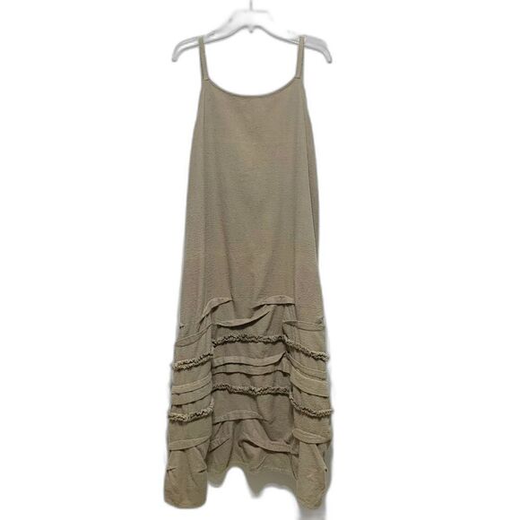 Krista Larson 100% Cotton Midi Tan Tank Dress Womens One Size Gathered Hem - Picture 2 of 9